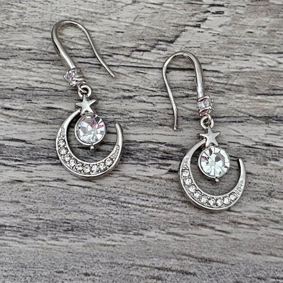 Silver Tone New Star Moon White Sapphire Dangle Earrings - Picture 6 of 7